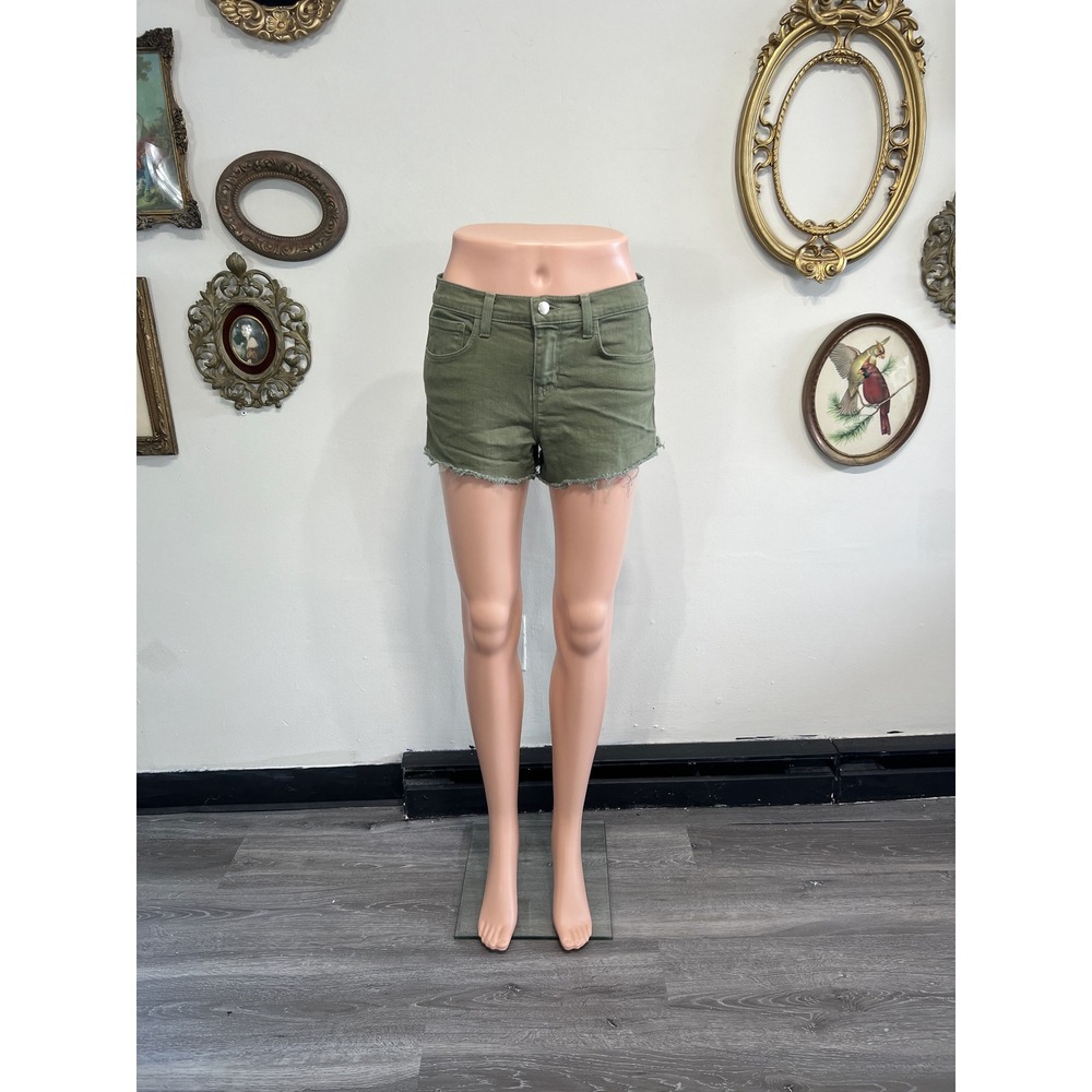 L'Agence Audrey Mid Rise Basil Green Denim Cutoff Shorts Size 25